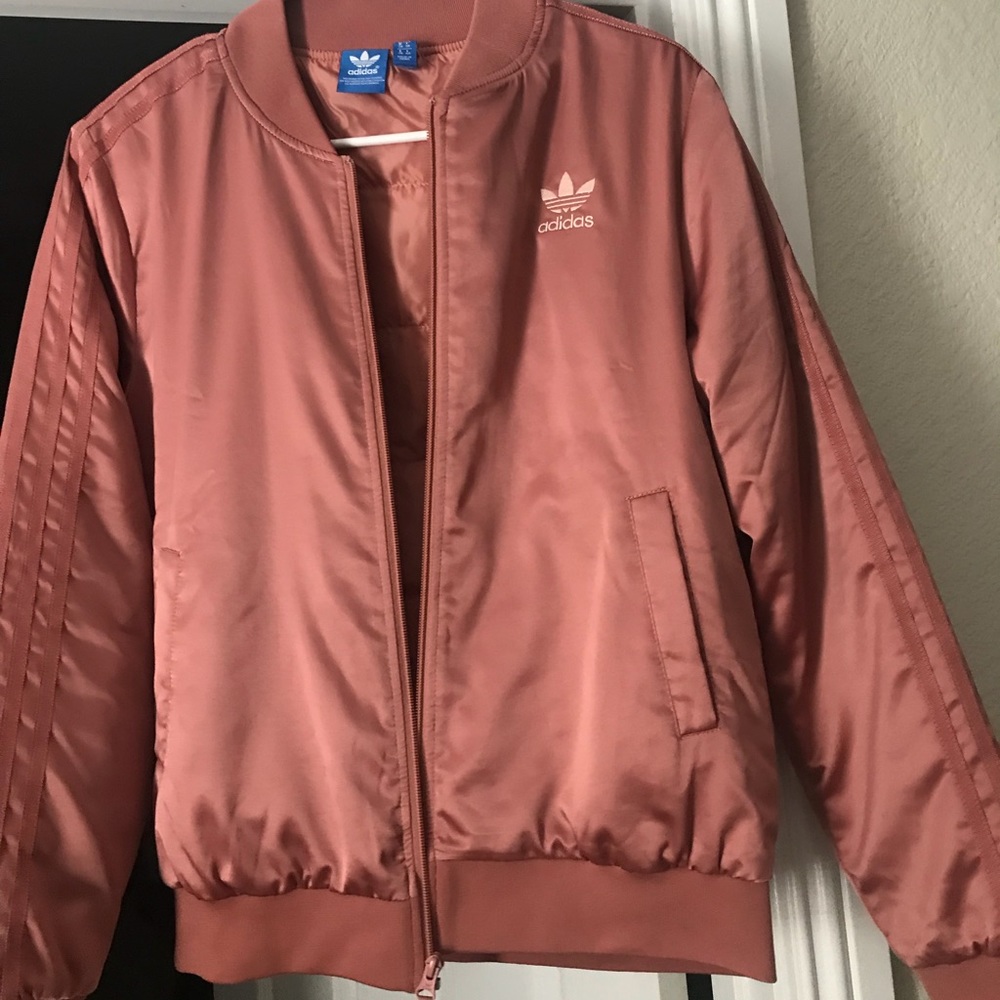 Plush pink satin adidas jacket